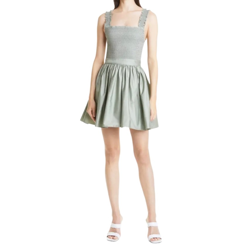 Alice + Olivia Barrett Smock Bodice Dress Size 10 Sage Green Cotton Party
